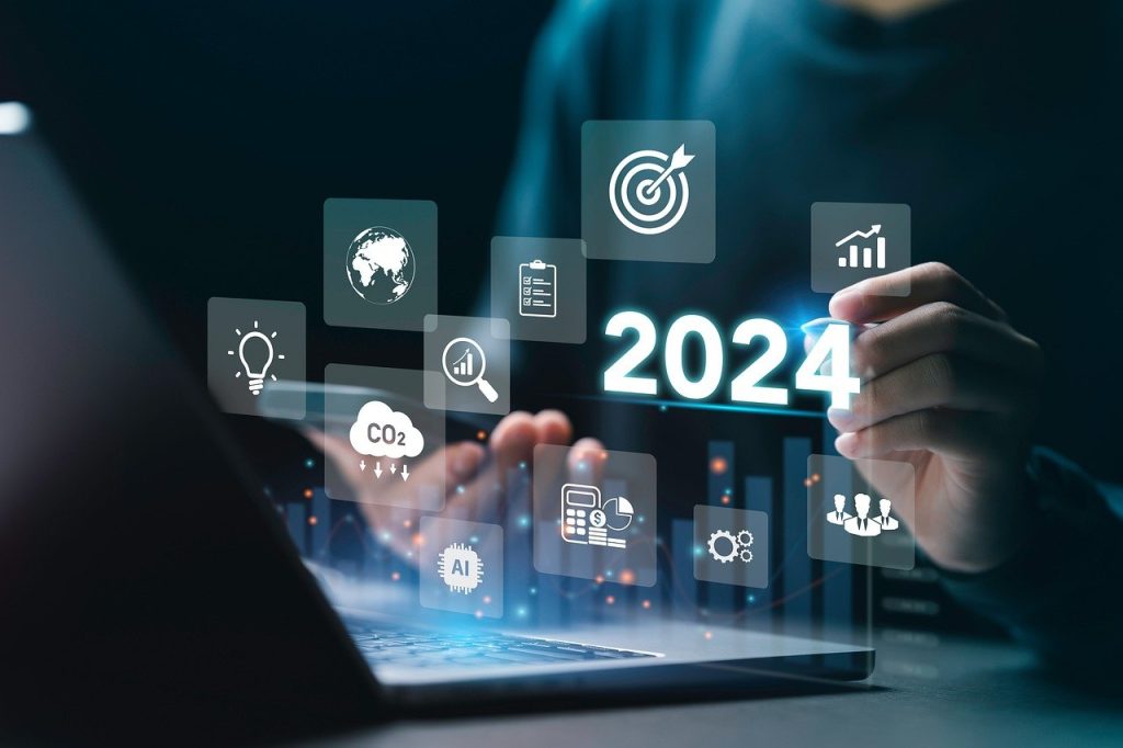 Digital 2024 trends projected over laptop display.