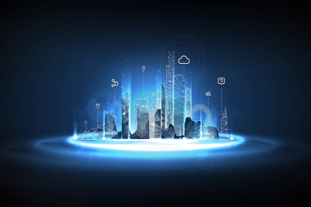 Futuristic city skyline with digital technology icons.
