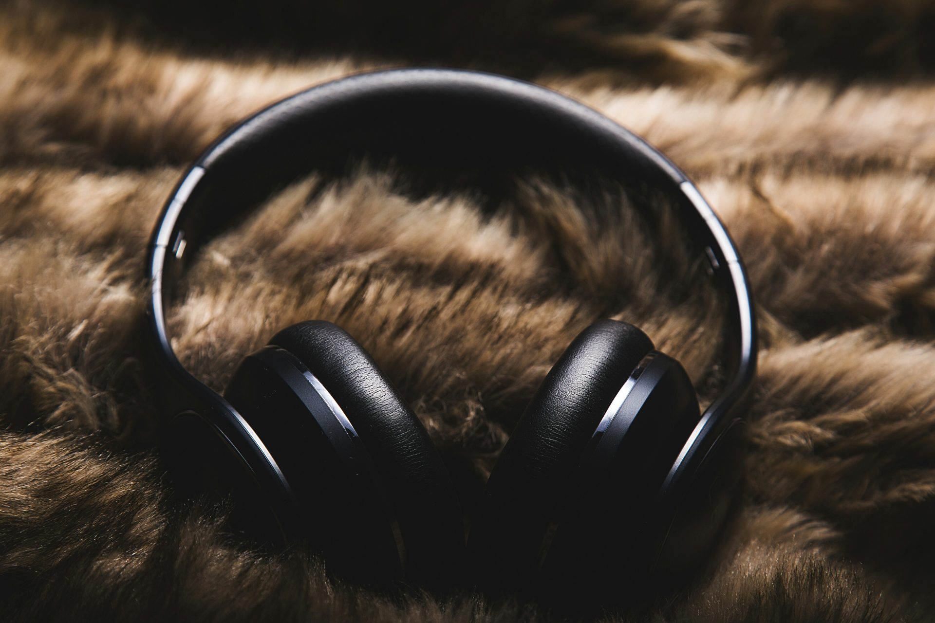 Black headphones resting on a fur-like fabric