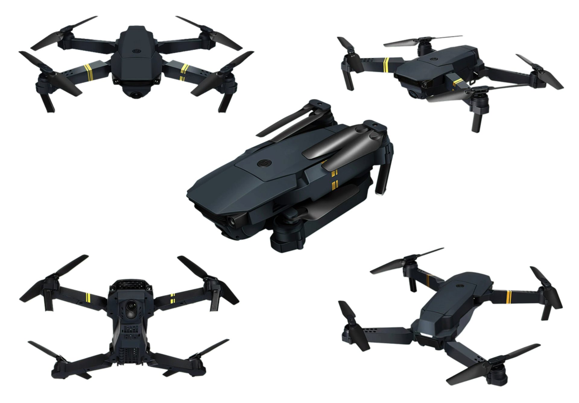 Multiple angles of a black compact drone.