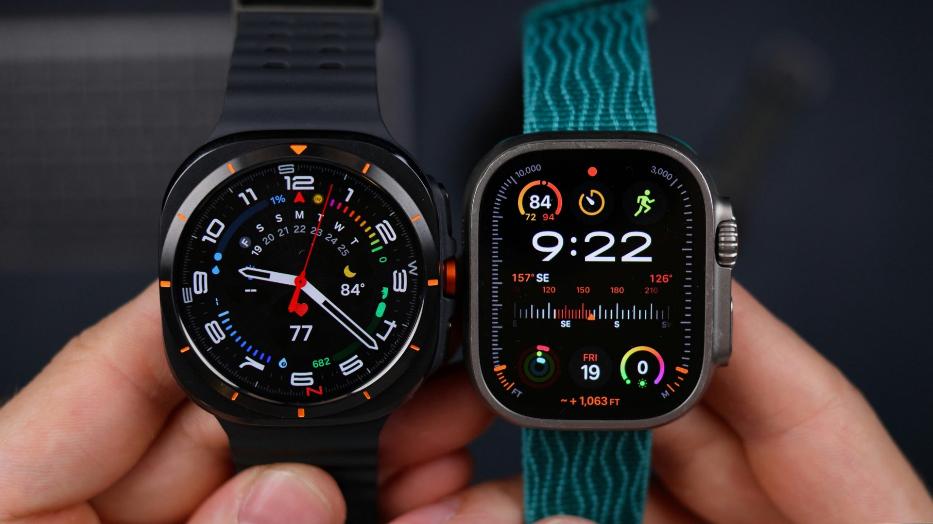 Two smartwatches showing different time and settings.